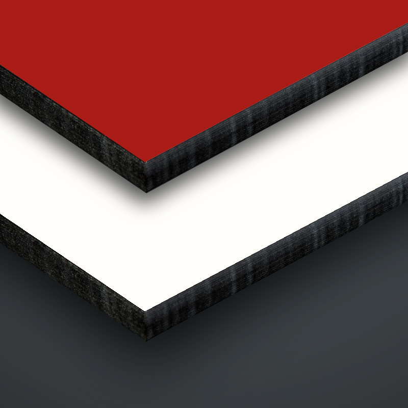 Plaques de Trespa® Meteon® finition satinée de couleur Pure White (plaque du dessous) et Carmine Red (panneau supérieur)
